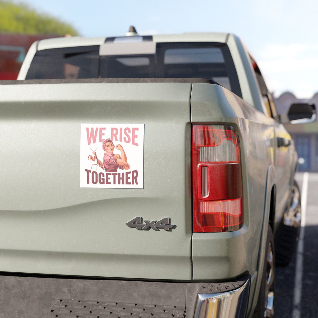 We Rise Together Car Magnet — Feminist Rosie the Riveter Praying Mantis Design