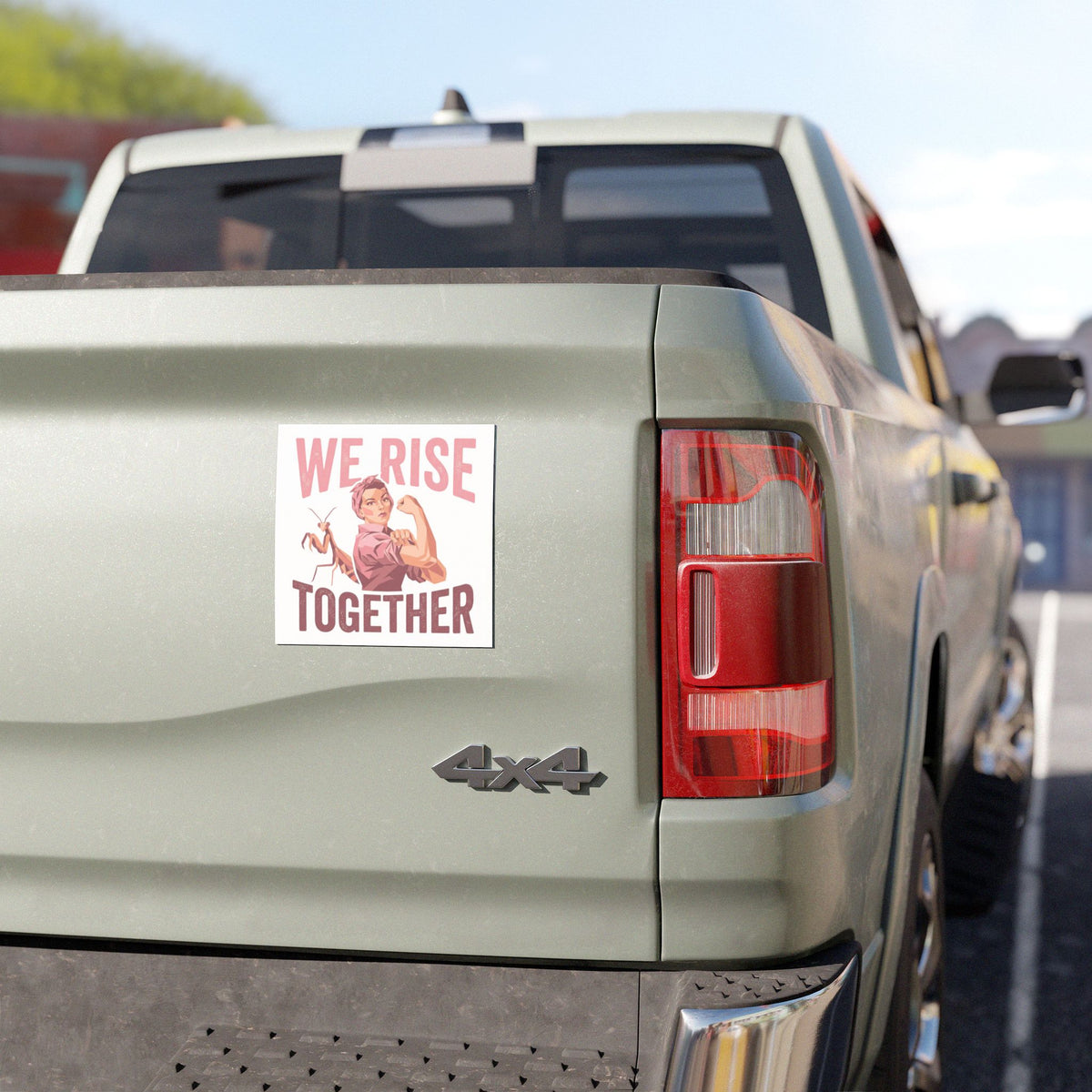 We Rise Together Car Magnet — Feminist Rosie the Riveter Praying Mantis Design