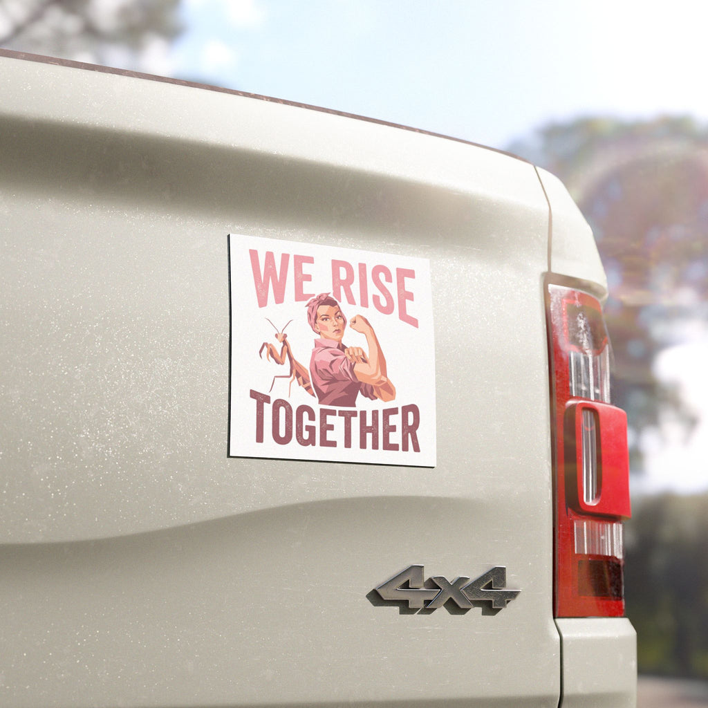 We Rise Together Car Magnet — Feminist Rosie the Riveter Praying Mantis Design