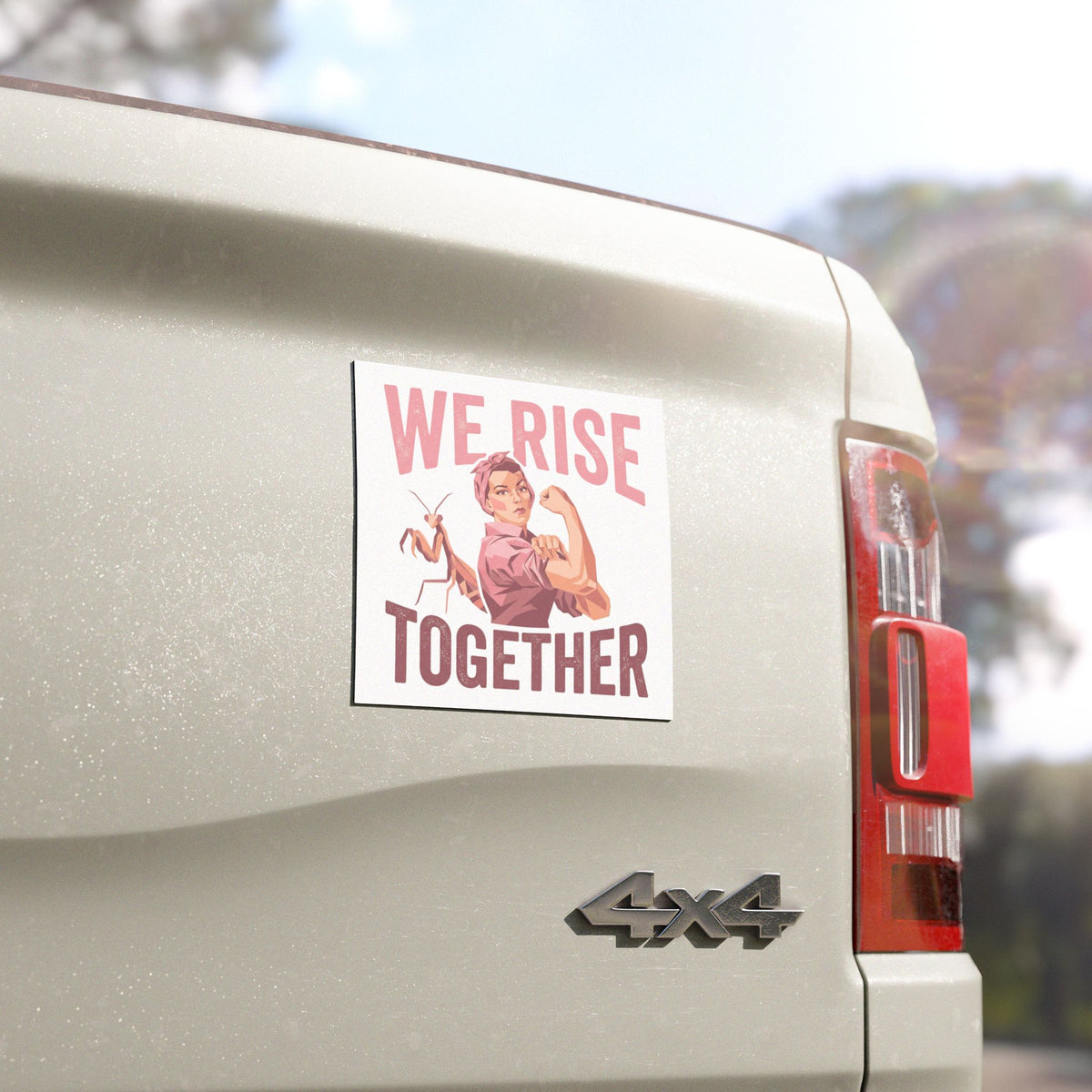 We Rise Together Car Magnet — Feminist Rosie the Riveter Praying Mantis Design