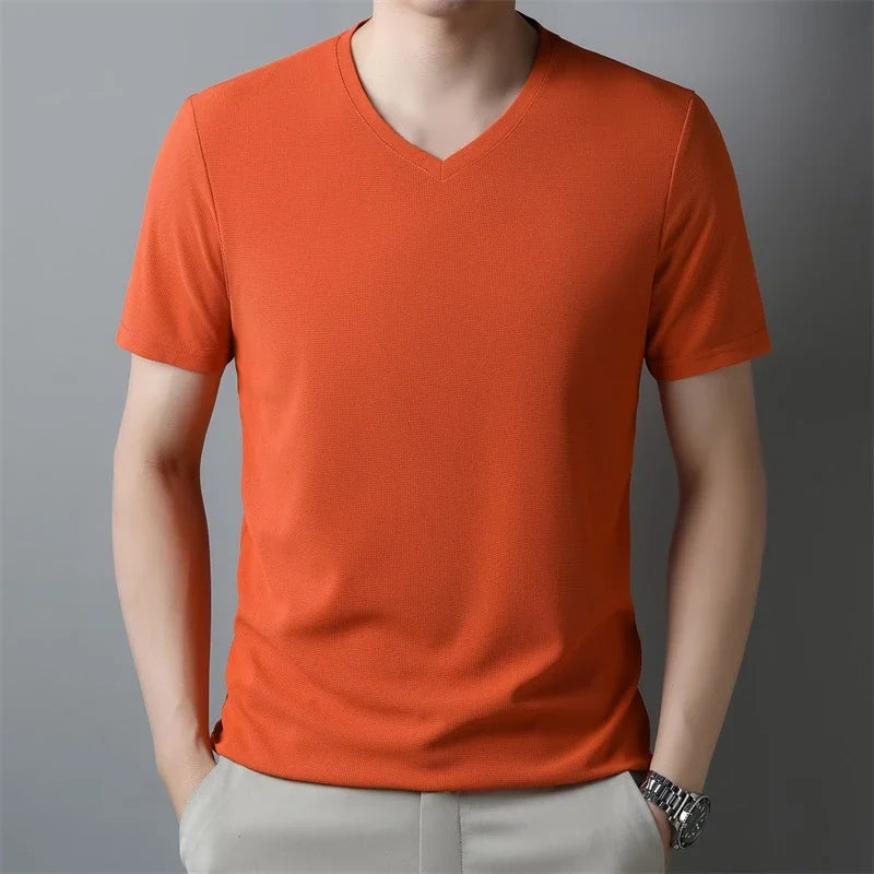 Men's Waffle Knit V-Neck Short Sleeve Casual T-Shirt