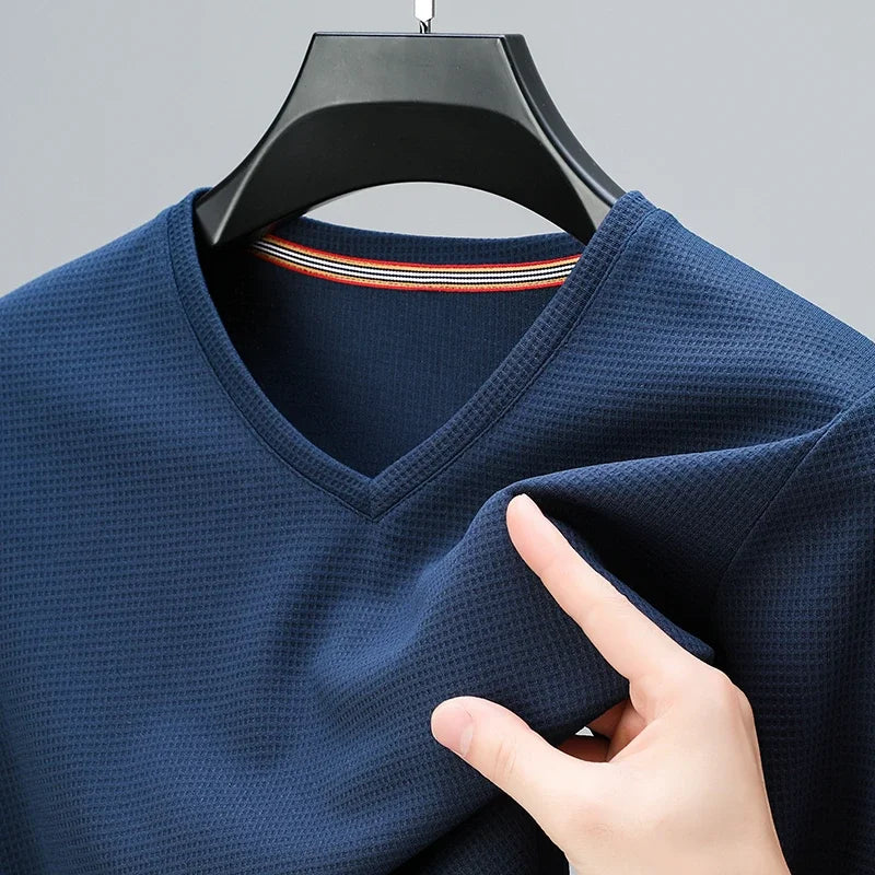 Men's Waffle Knit V-Neck Short Sleeve Casual T-Shirt