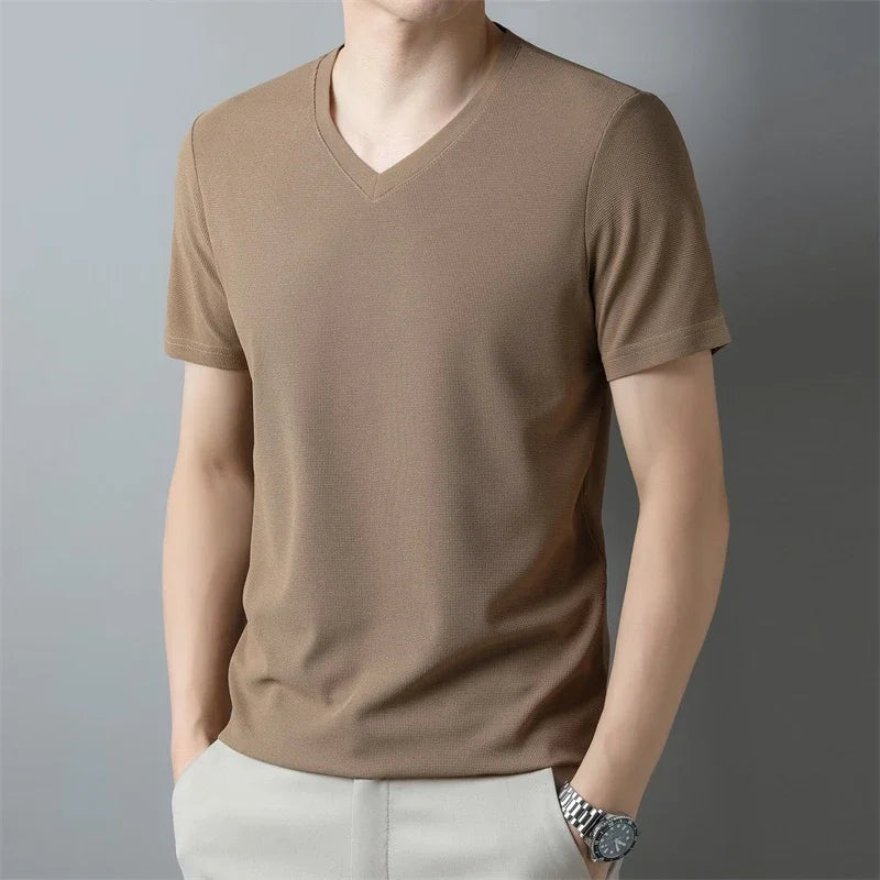 Men's Waffle Knit V-Neck Short Sleeve Casual T-Shirt
