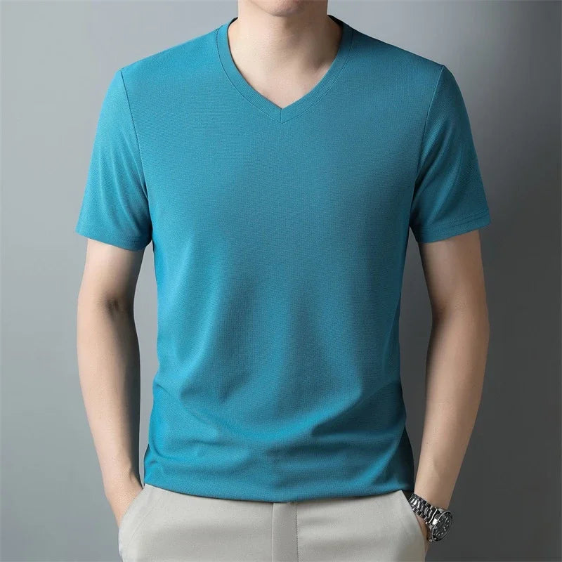 Men's Waffle Knit V-Neck Short Sleeve Casual T-Shirt