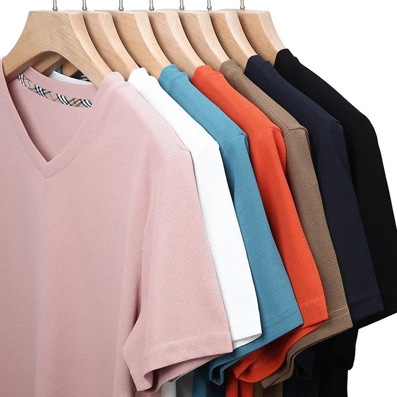Men's Waffle Knit V-Neck Short Sleeve Casual T-Shirt